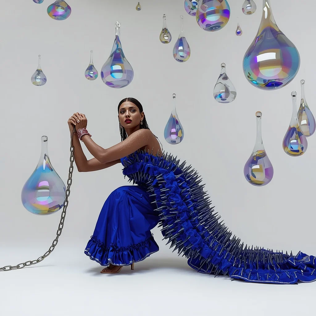 Architectural 3D Glass Spike Saree: Sapphire Blue | The High-Fashion Lunge & Grab Pose | Giant Liquid Chrome Droplets | Stable Diffusion Prompt - Girl Prompt