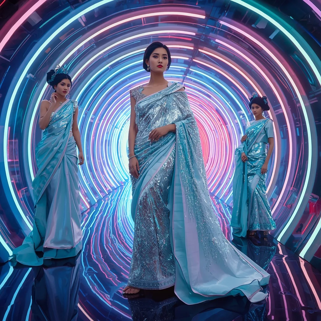 Arctic Royale Saree with RGB Spiral Tunnel | Saree Prompt For Gemini Ai - Girl Prompt