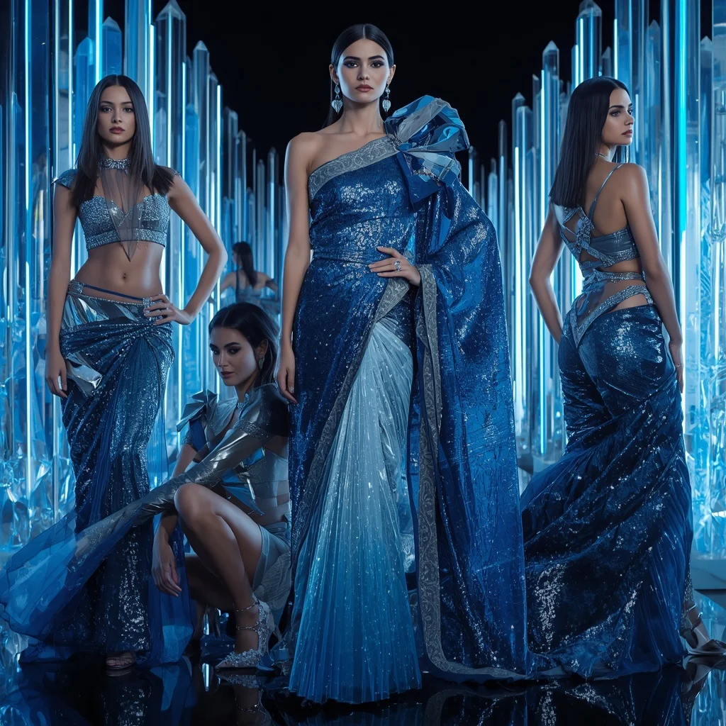Arctic Sapphire Majesty Saree with Crystal Infinity Chambers | Gemini Photo Prompt - Girl Prompt