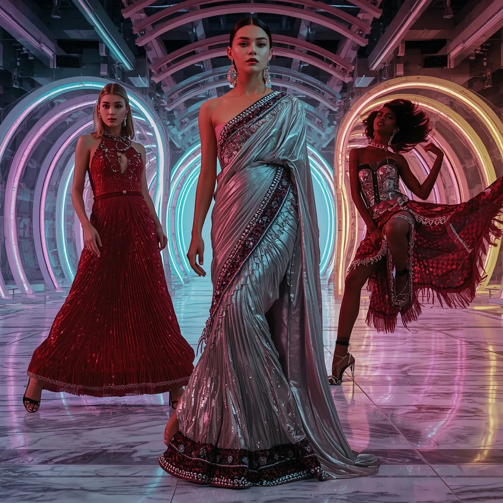 Aurora Diamond Mirage Saree with Floating Neon Infinity Skyline | Fitness Model Ai Prompt - Girl Prompt