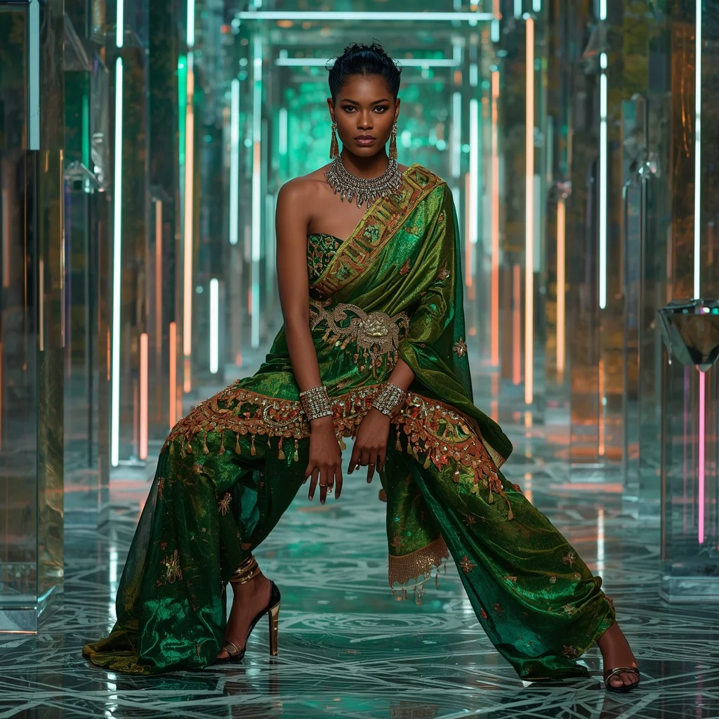Aurora Emerald Galaxy Saree with Floating Prism Crystal Corridors | Chatgpt Prompt - Girl Prompt