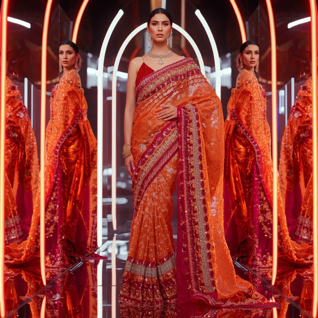 Aurora Flame Fantasy Saree with Curved Reflection Sanctuary | Gemini Saree Prompt For Instagram - Girl Prompt