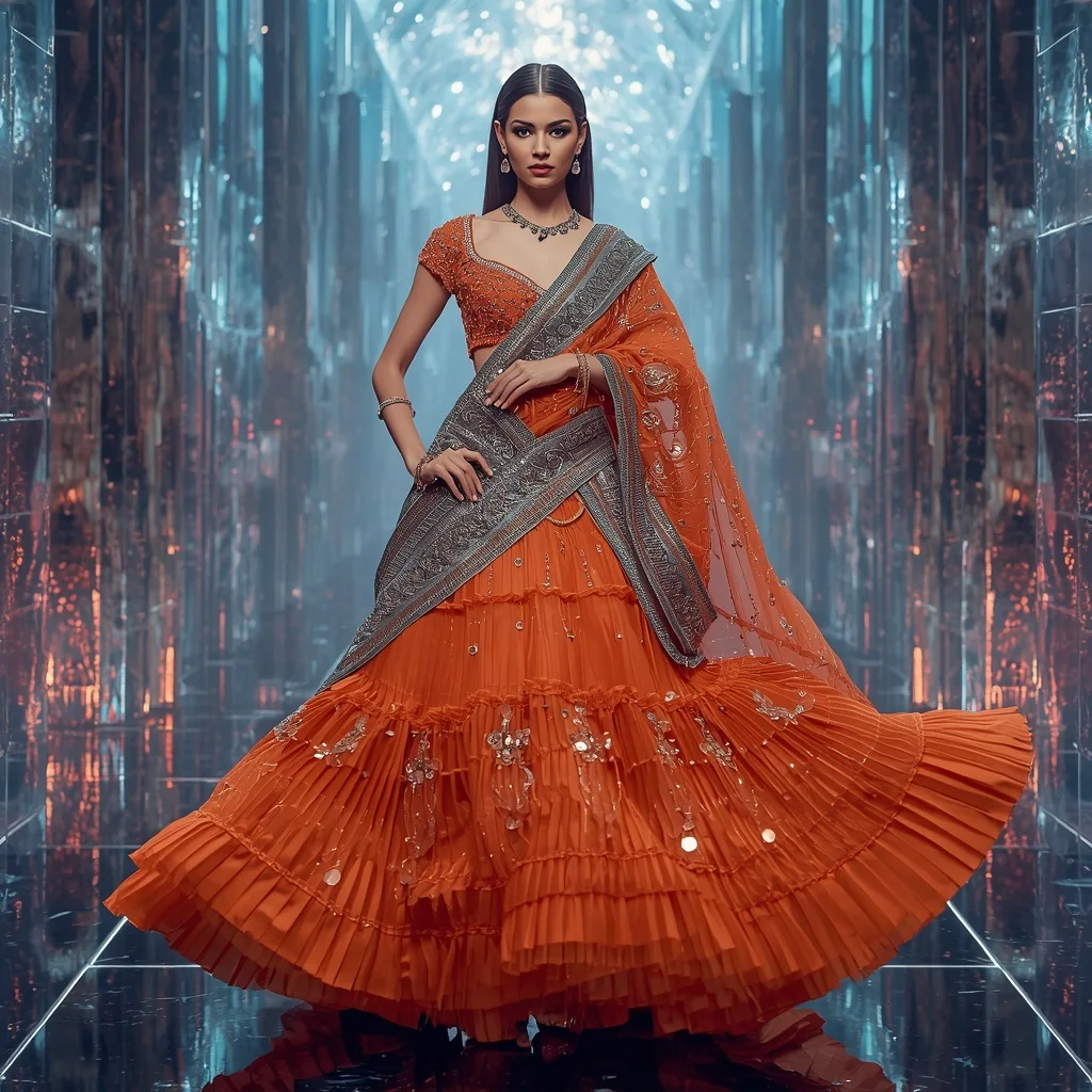 Aurora Flame Fantasy Saree with Floating Hologram Infinity Crystal Hall | Lehenga Choli Ai Prompt - Girl Prompt