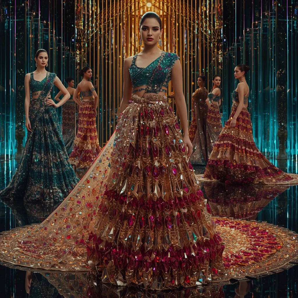 Aurora Flame Festival Saree with Infinity Mirror Crystal Infinity Citadel | Gemini Saree Prompt For Woman - Girl Prompt