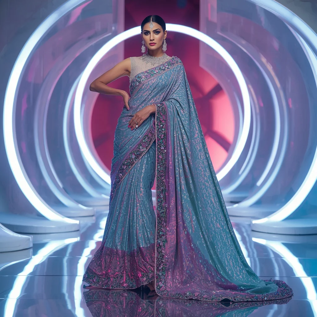 Aurora Metallic Drape Saree with Floating Light Rings | Pre Wedding Ai Prompt - Girl Prompt