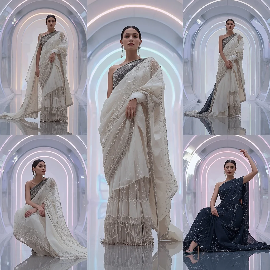 Aurora Pearl Galaxy Saree with Curved Halo Chamber | Chatgpt Prompt - Girl Prompt