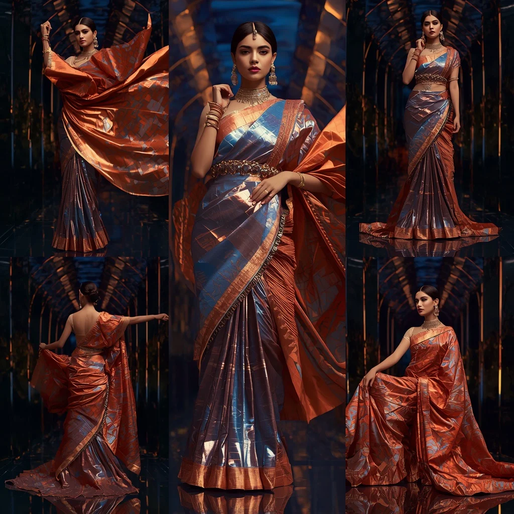 Aurora Sapphire Flame Saree with Curved Infinity Hall | Gemini Ai Photo Prompt - Girl Prompt