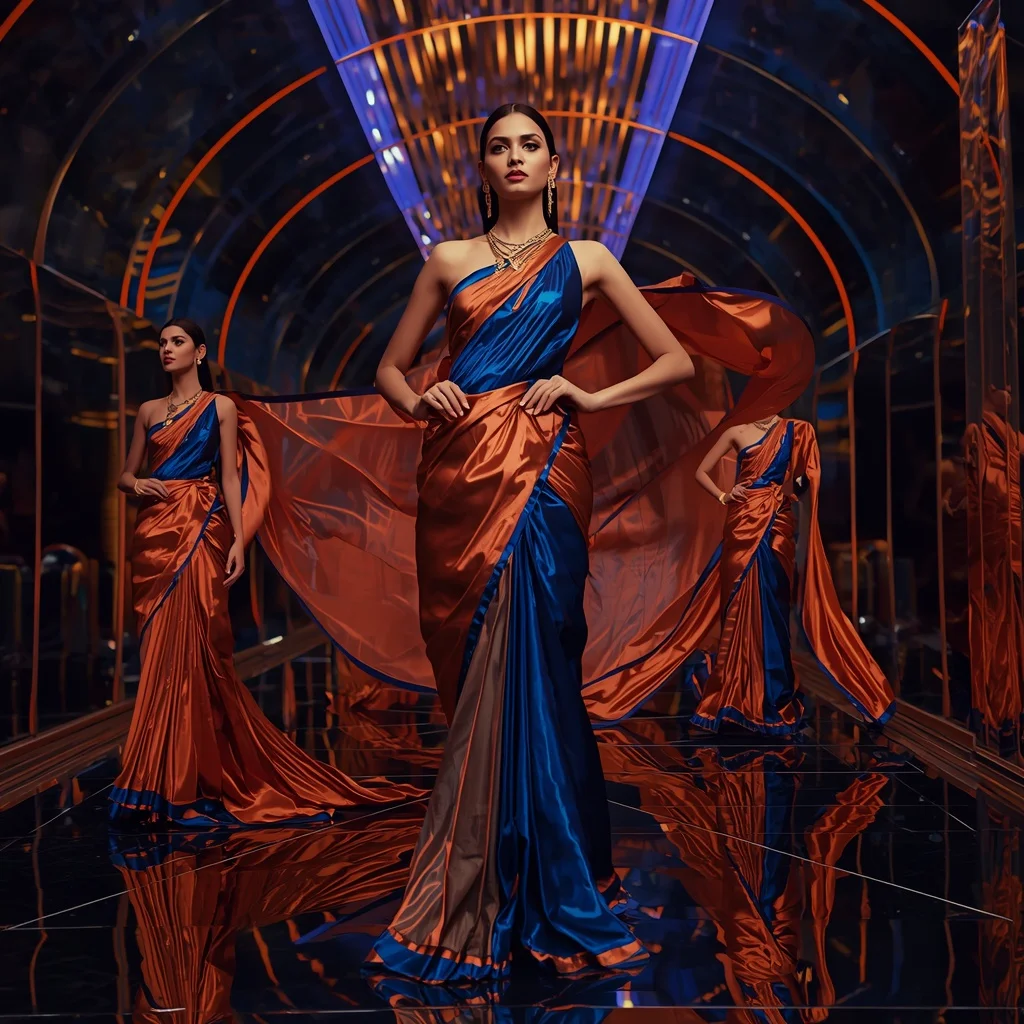Aurora Sapphire Flame Saree with Curved Infinity Hall | Sora Ai Prompt - Girl Prompt