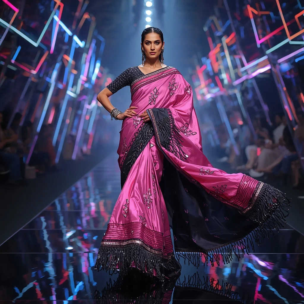 Aurora Thunder Mirage Saree with Floating Digital Prism Runway | Picture Prompt - Girl Prompt