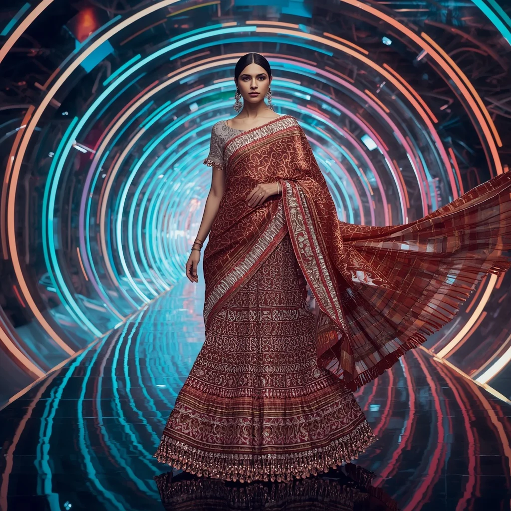 Aurora Voltage Crystal Saree with Floating Neon Helix Corridors | Instagram Model Ai Prompt - Girl Prompt