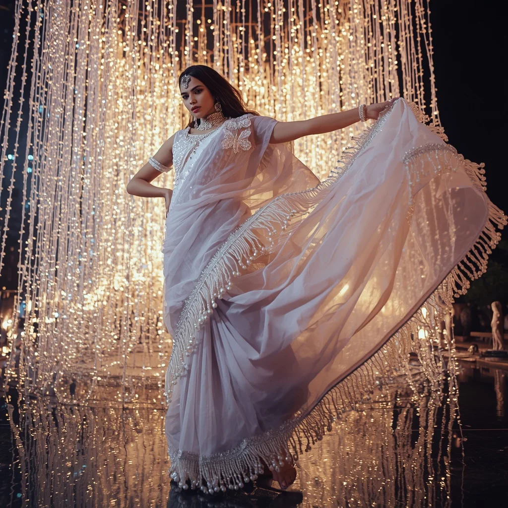 Butterfly Pearl Cascade Saree with Floating Water Lights | Indian Girl Ai Prompt - Girl Prompt