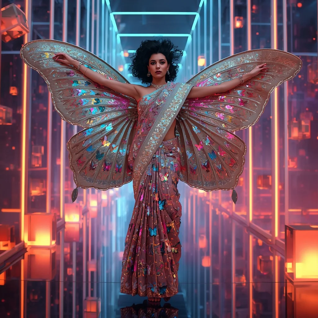 Butterfly Prism Festival Saree with Floating Light Cubes | Style Ai Prompt - Girl Prompt