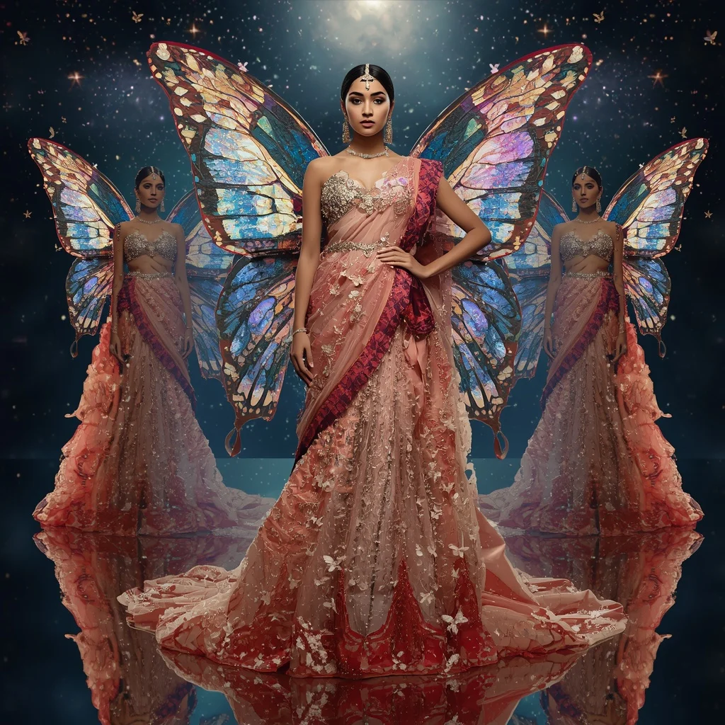 Butterfly Queen Couture Evolution Saree with Infinity Mirror Galaxy Background | Prompt Gemini - Girl Prompt