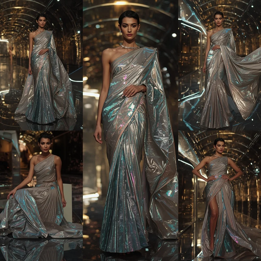 Celestial Chrome Bloom Saree with Floating Neon Galaxy Tunnel | Luxury Ai Prompt - Girl Prompt