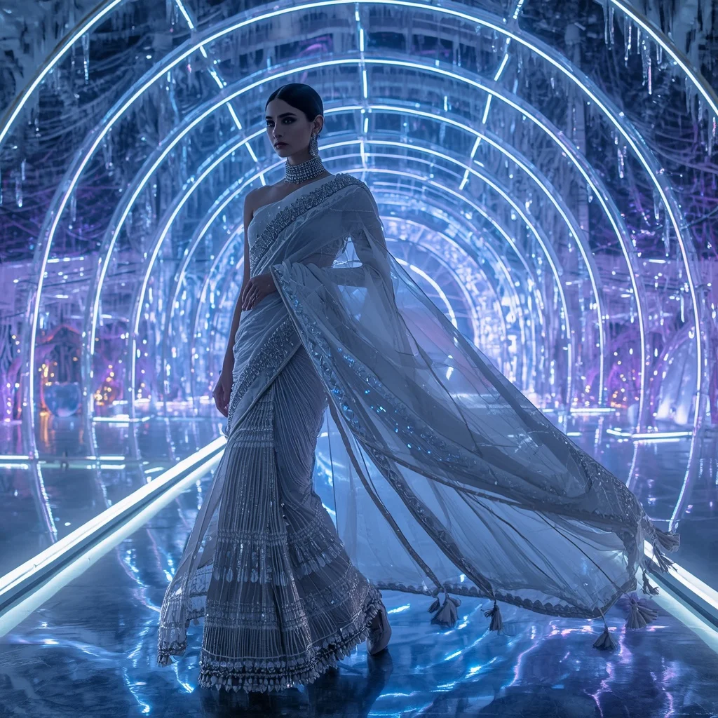 Celestial Moonstone Crystal Saree with Infinity Neon Dome Sanctuary | Ai Selfie Prompt - Girl Prompt