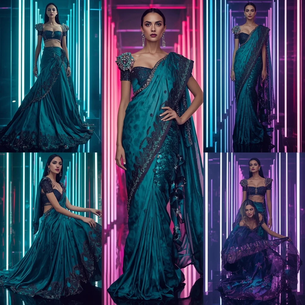 Celestial Peacock Fantasy Saree with Prism Glass Corridors | Gemini Ai Photo Prompt - Girl Prompt