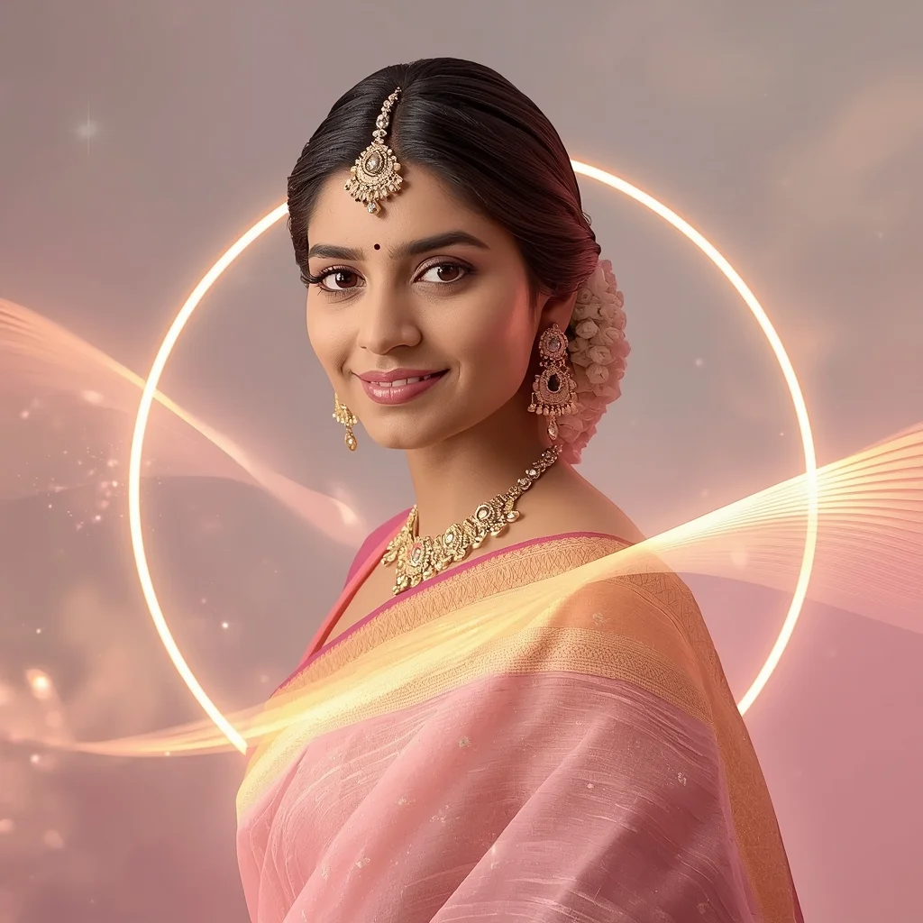 Celestial Pulse Halo Wave Pastel Saree Indian Woman Premium Composition | Saree Pose Ai Prompt For Image Generation - Girl Prompt