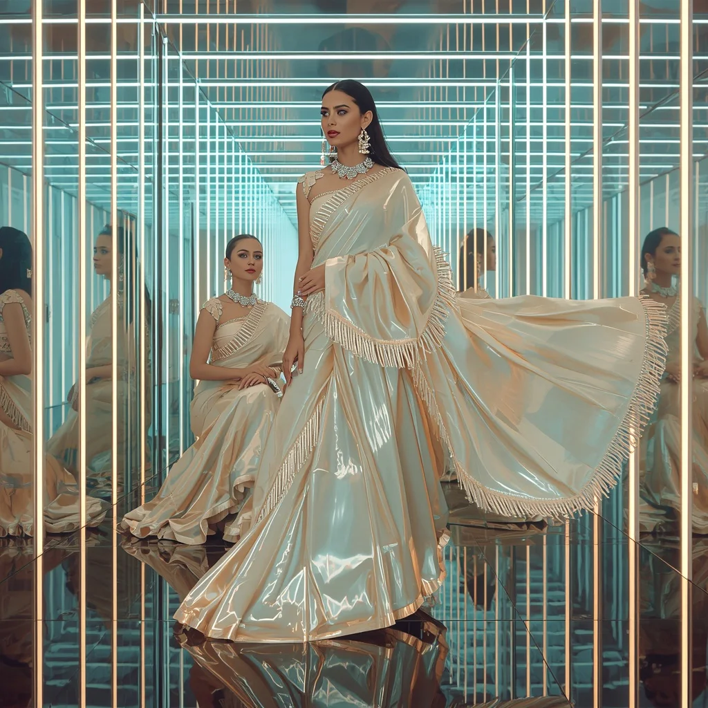Champagne Ice Mirage Saree with Infinity Reflection Tunnel | Instagram Reel Ai Prompt - Girl Prompt
