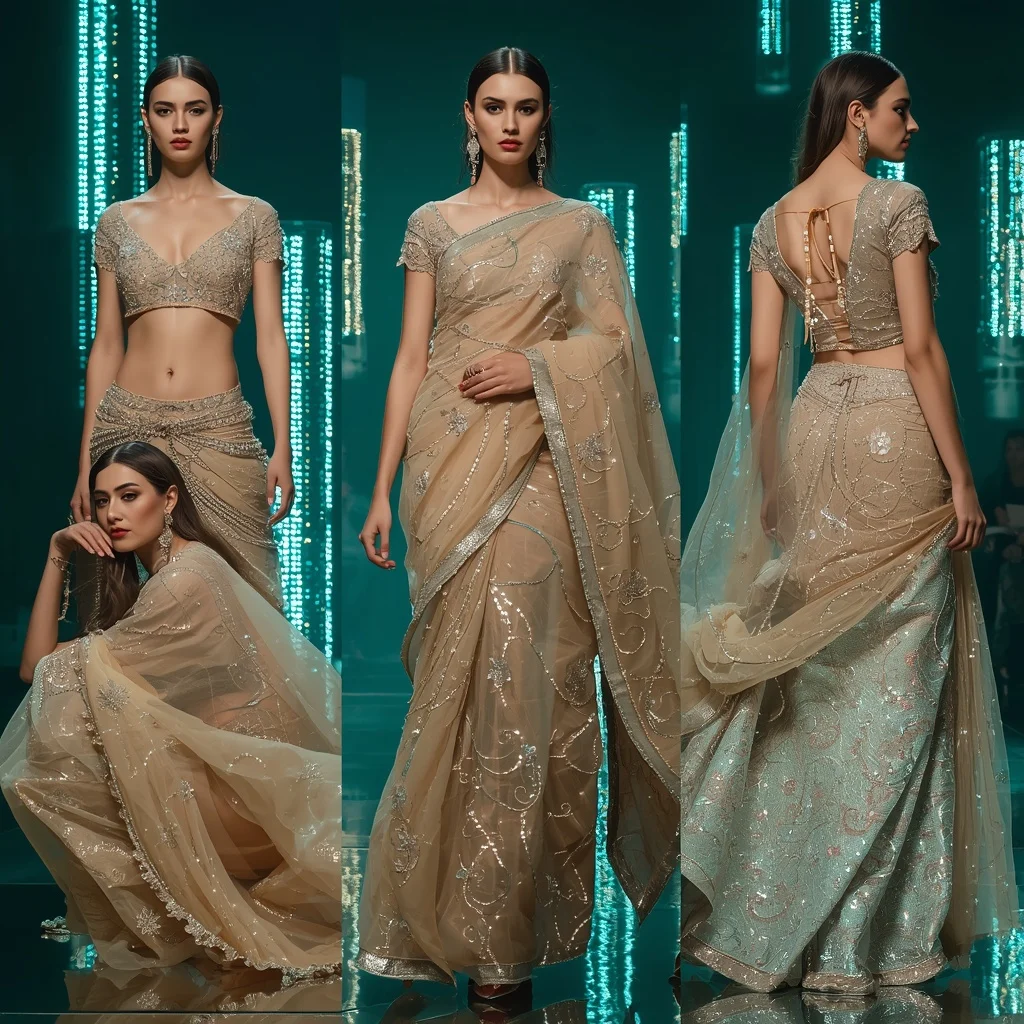 Champagne Ocean Fantasy Saree with Floating LED Towers | Influencers Ai Prompt - Girl Prompt