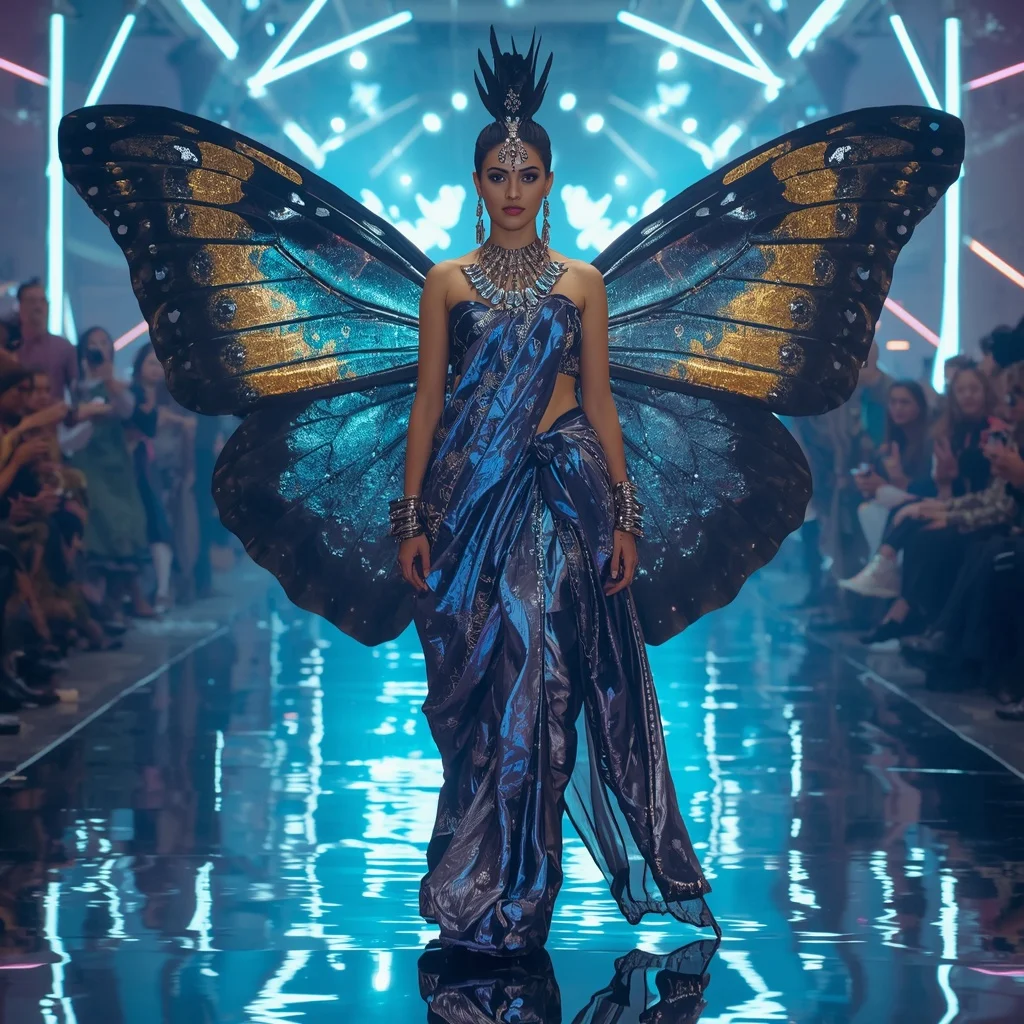 Cosmic Butterfly Warrior Saree Motion Editorial with Neon Arena Background | Prompt Gemini - Girl Prompt