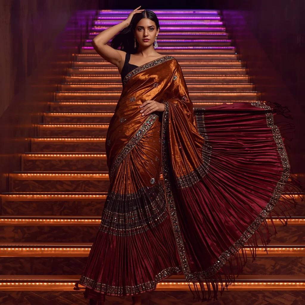 Cosmic Ember Saree with Floating Prism Staircase | Ai Art Prompt - Girl Prompt