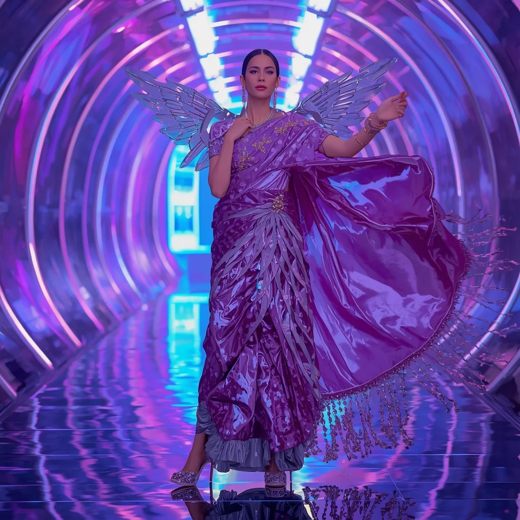 Cosmic Orchid Crystal Saree with Floating Prism Hall | Realistic Female Photoshoot Ai Prompt - Girl Prompt