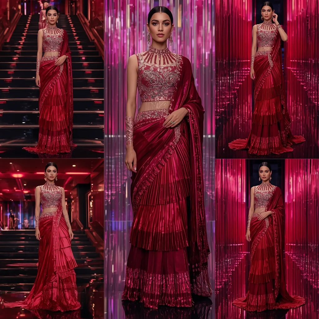 Crimson Aurora Mirage Saree with Infinity Crystal Atrium | Instagram Carousel Ai Prompt - Girl Prompt