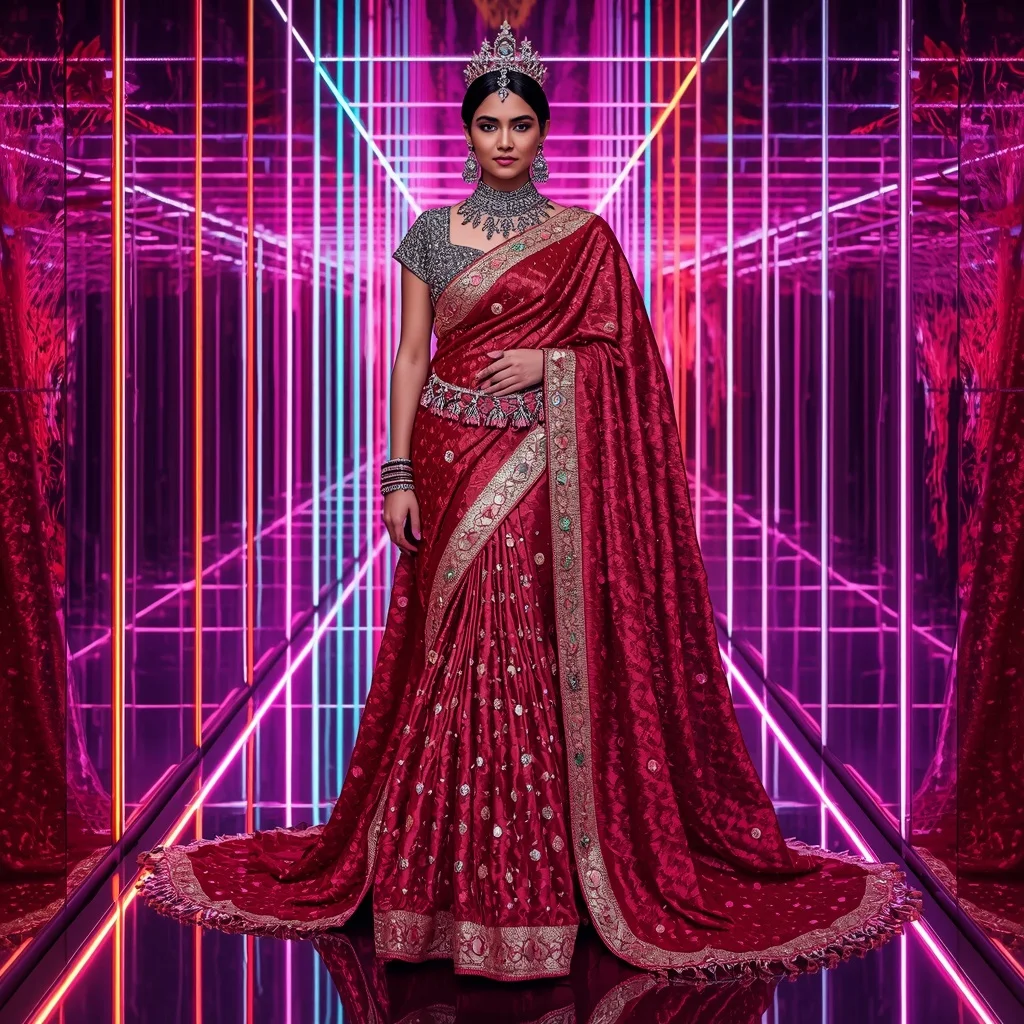 Crimson Ruby Crown Saree with Infinite Neon Crystal Galaxy Tunnel | Instagram Girl Gemini Prompt - Girl Prompt