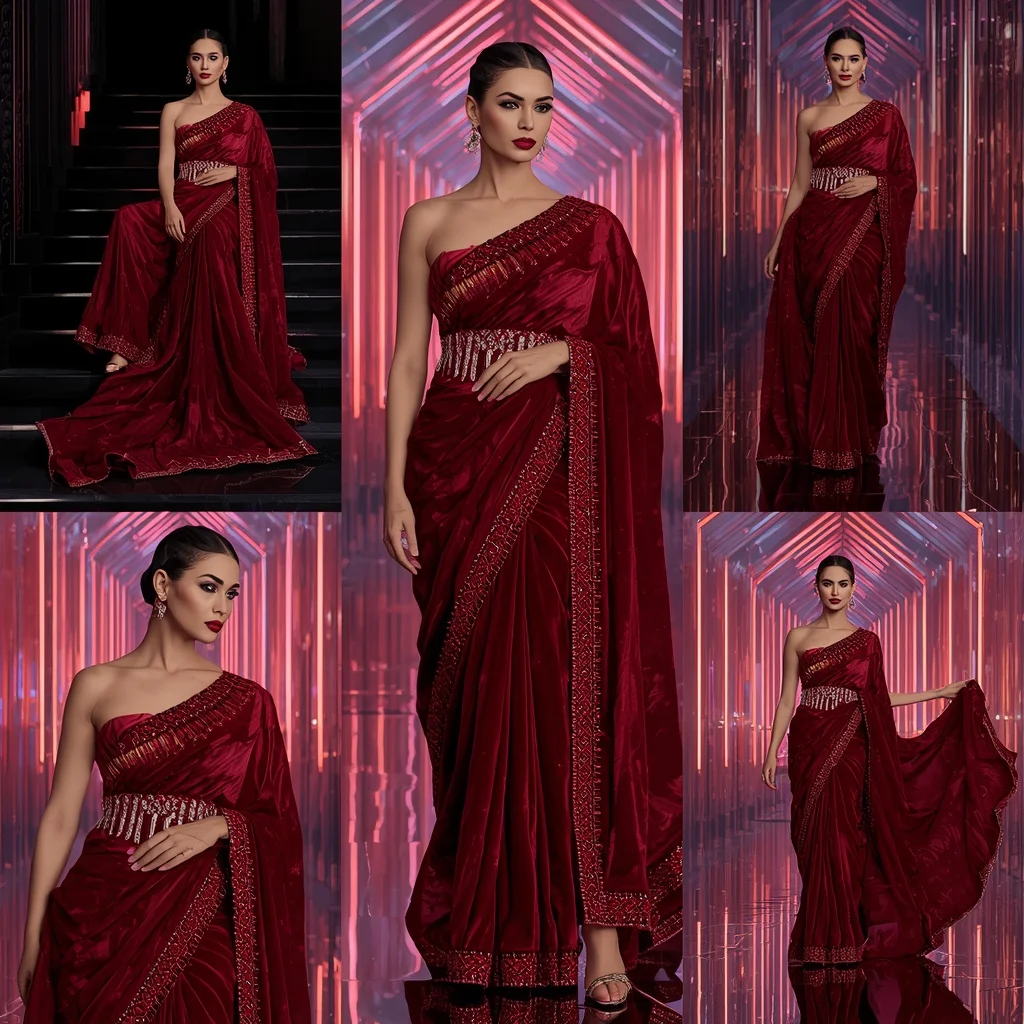 Crimson Velvet Galaxy Saree with Prism Reflection Cathedral | Instagram Influencer Ai Prompt - Girl Prompt