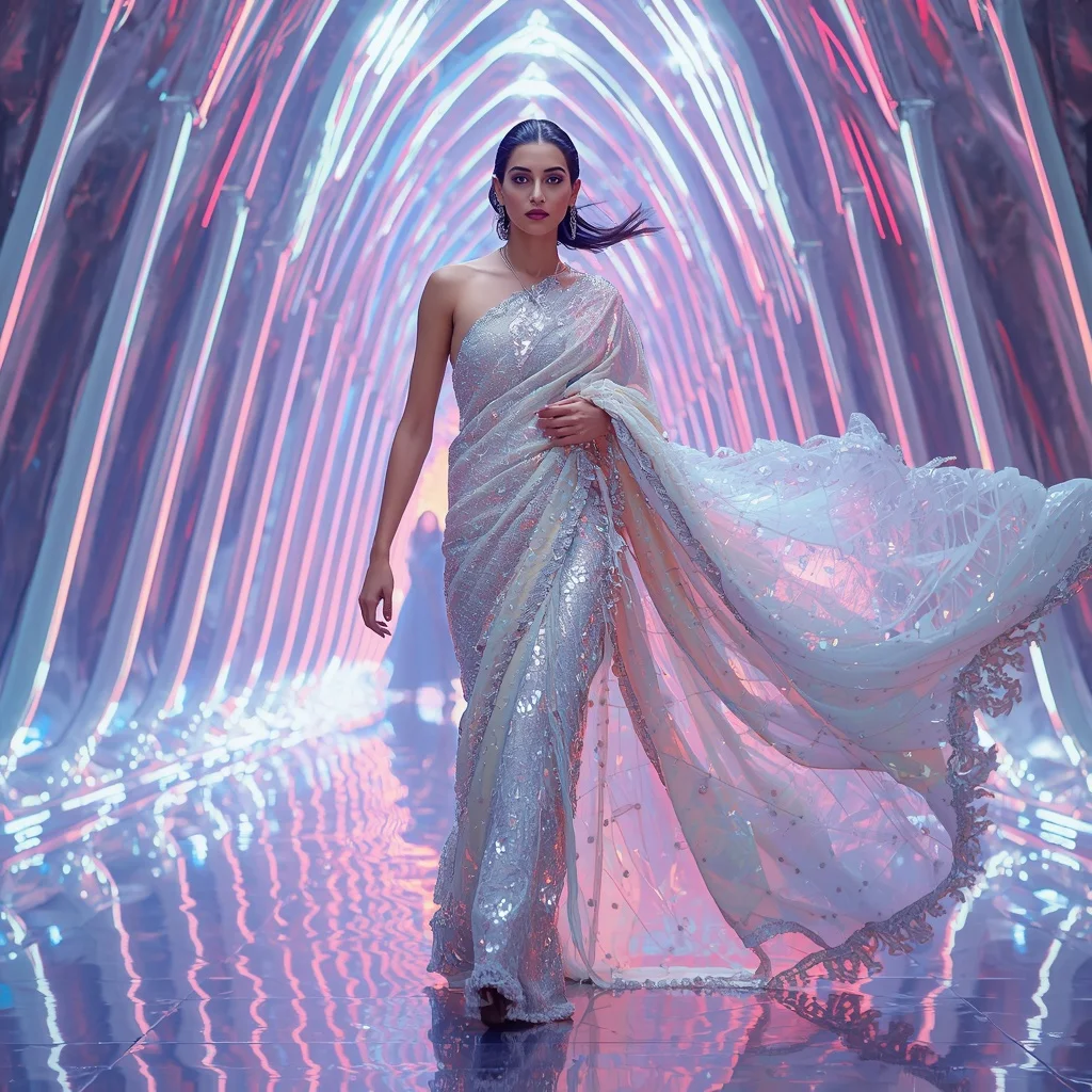 Crystal Aurora Infinity Saree with Hologram Wave Cathedral | Saree Prompt For Gemini - Girl Prompt