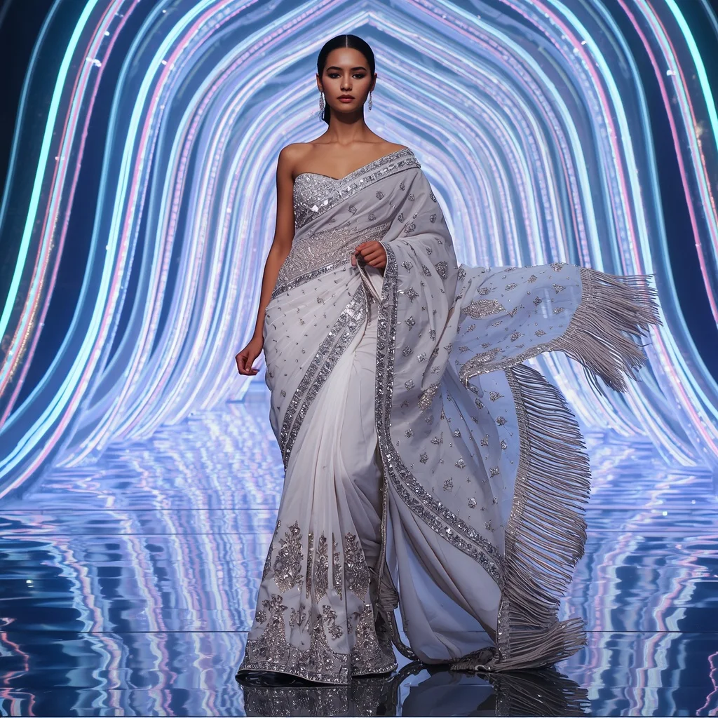 Crystal Aurora Phoenix Saree with Hologram Wave Infinity Kingdom | Instagram Reel Ai Prompt - Girl Prompt
