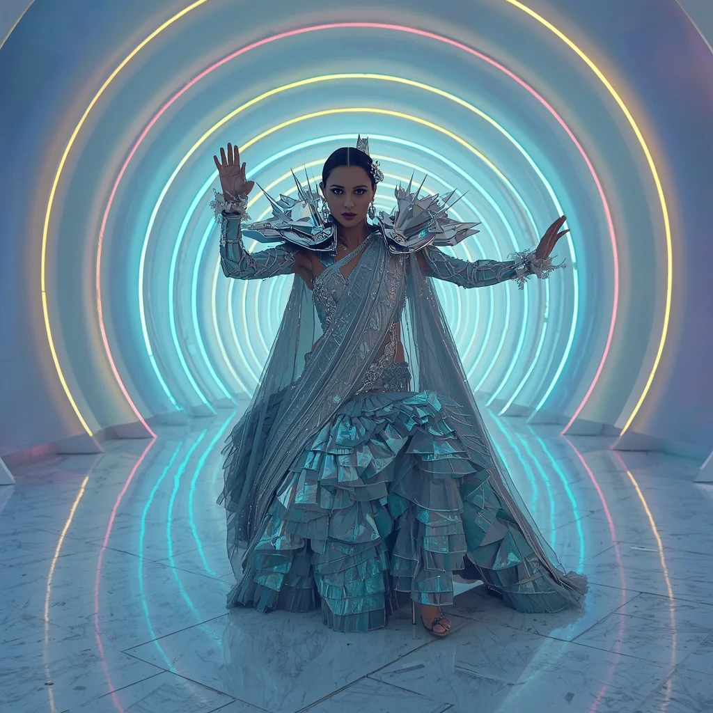 Crystal Meteor Queen Saree with Infinity Digital Spiral Cathedral Hall | Saree Prompt Chatgpt - Girl Prompt