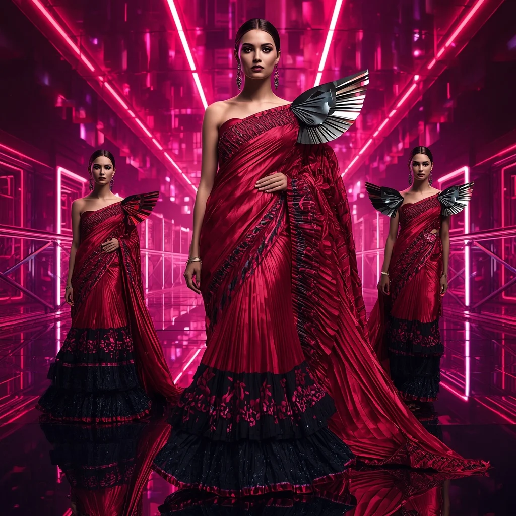 Crystal Ruby Storm Saree with Floating Neon Bridges | Style Ai Prompt - Girl Prompt