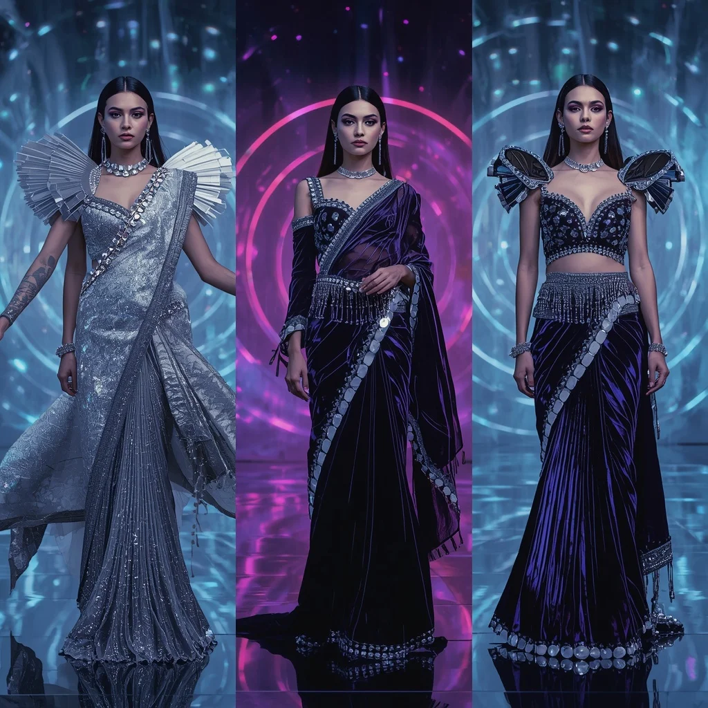 Crystal Velvet Eclipse Saree with Floating Spiral Aurora Observatory | Style Ai Prompt - Girl Prompt