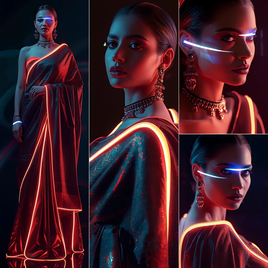 Cyber Luxury Neon Saree Collage Futuristic Fashion Editorial Cinematic Aesthetic | Traditional Saree Ai Prompt - Girl Prompt