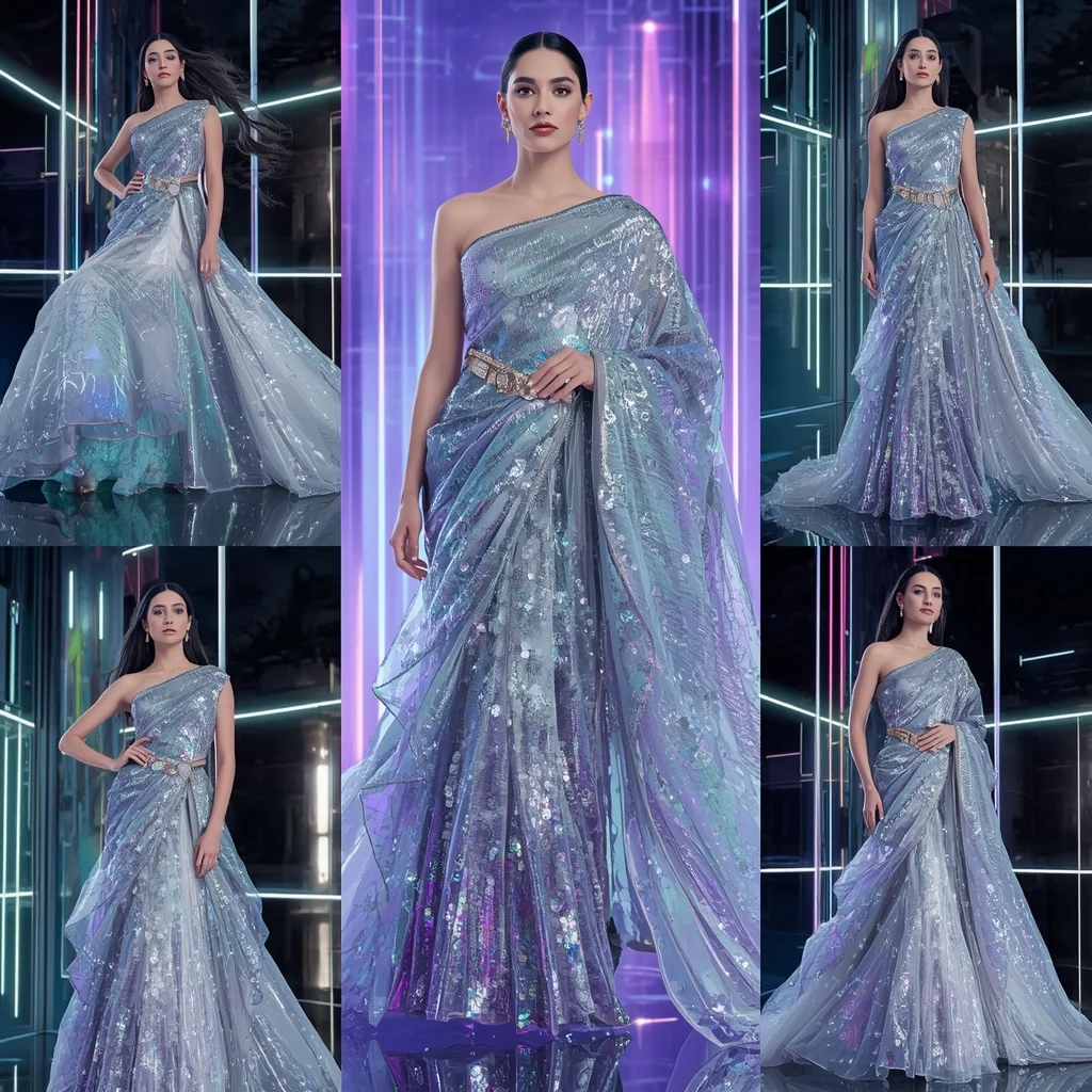 Diamond Horizon Saree with Floating RGB Infinity Crystal Universe Deck | Indian Girl Saree Ai Prompt 4k Realistic - Girl Prompt