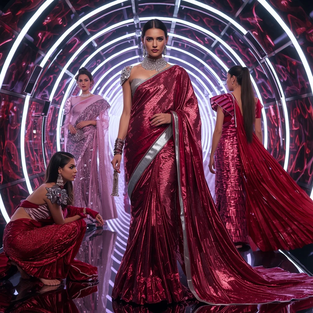 Diamond Thunder Majesty Saree with Neon Spiral Corridors | Cute Girl Ai Prompt - Girl Prompt
