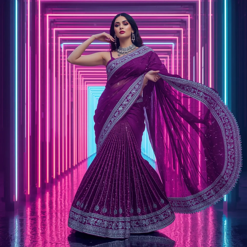 Electric Orchid Festival Saree with Dynamic LED Maze | Happy Ai Prompt - Girl Prompt