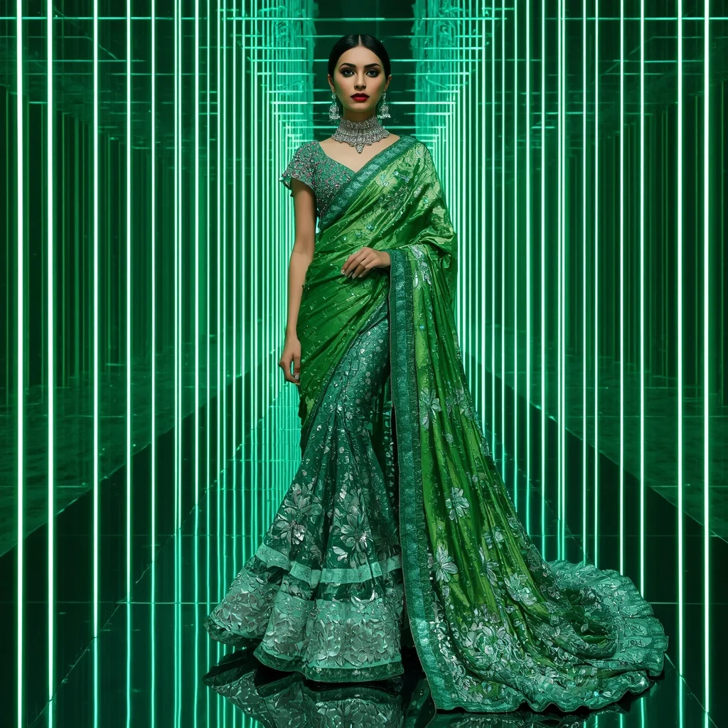 Emerald Aurora Majesty Saree with Infinite Prism Corridors | Instagram Influencer Ai Prompt - Girl Prompt