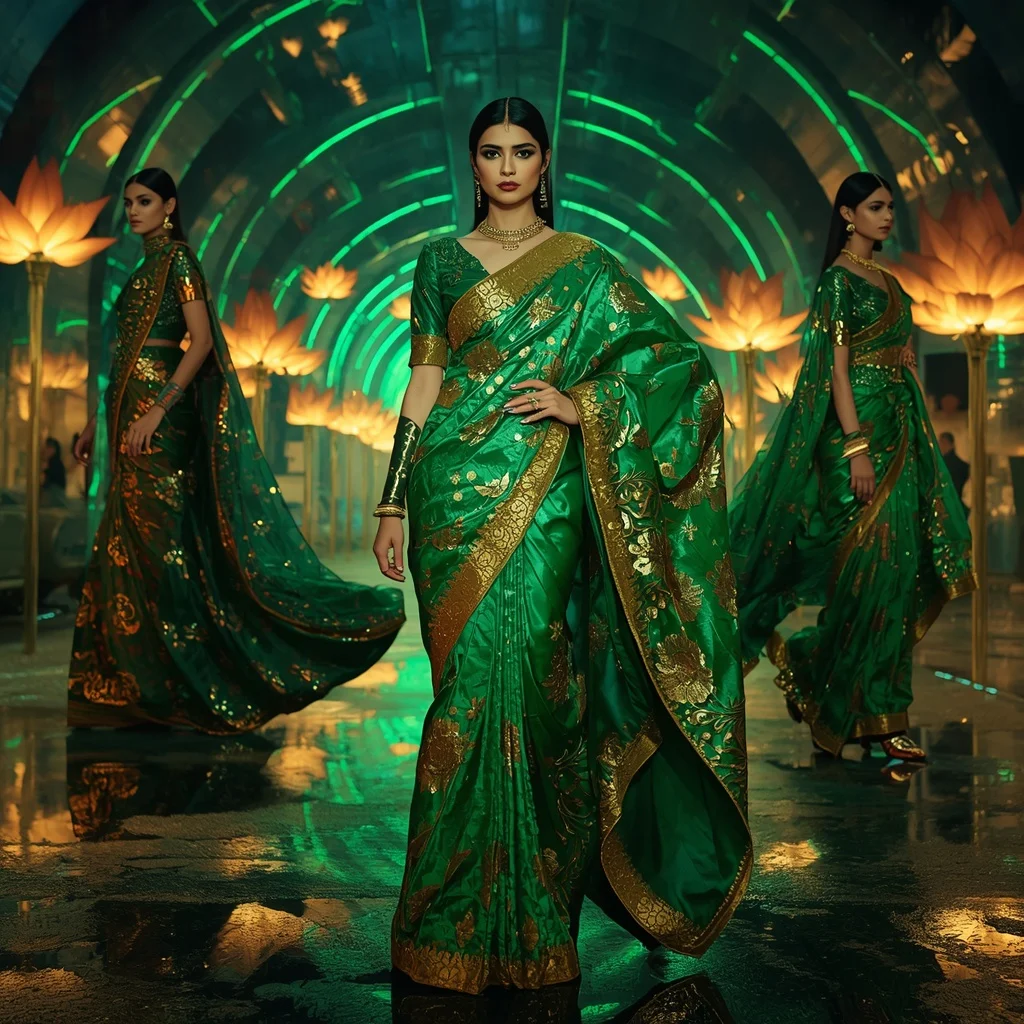 Emerald Aurora Mirage Saree with Floating Laser Lotus Corridor | Viral Instagram Ai Prompt - Girl Prompt