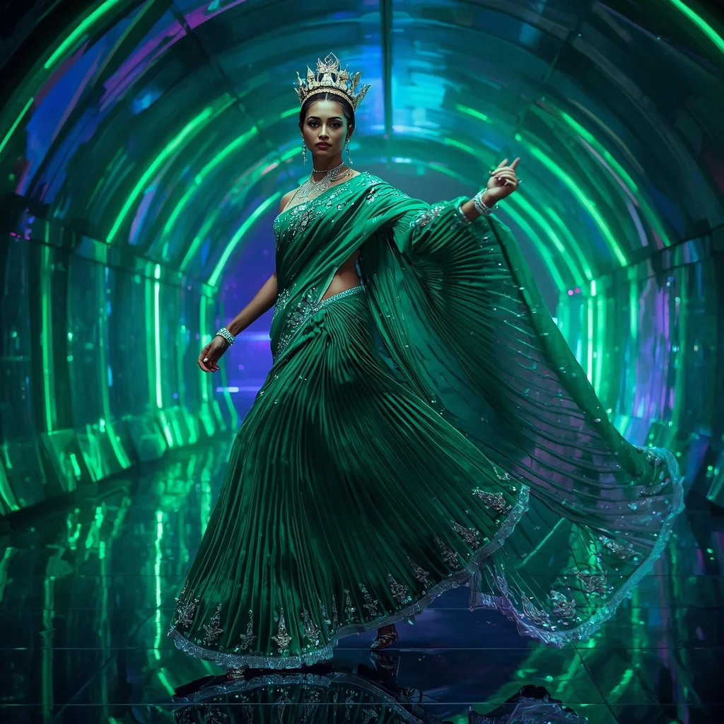 Emerald Celestial Omnistarqueen Festival Saree with Neon Crystal Aurora Crown Zenithara Vault | Instagram Model Ai Prompt - Girl Prompt