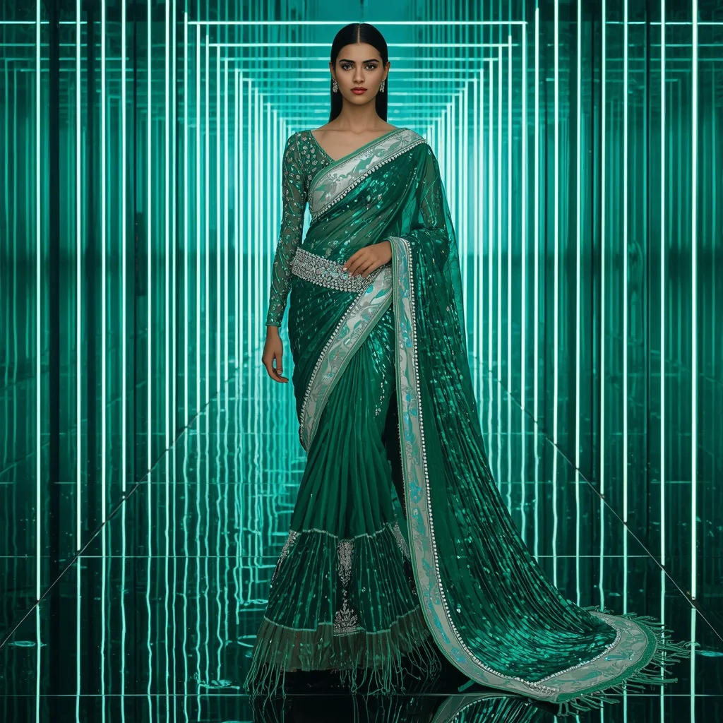 Emerald Crystal Dynasty Saree with Infinite Prism Corridors | Ai Prompt For Instagram - Girl Prompt