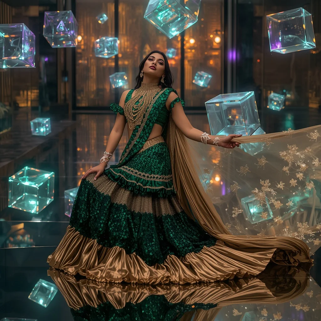 Emerald Crystal Mirage Saree with Floating LED Cubes | Instagram Aesthetic Ai Prompt - Girl Prompt