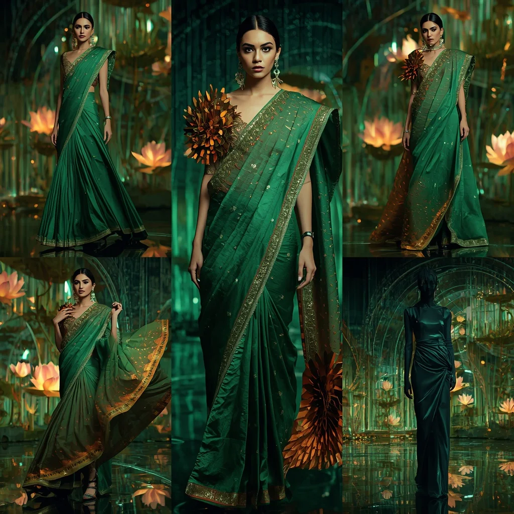 Emerald Flame Thunder Saree with Floating Laser Lotus Garden | Woman Pose Ai Prompt - Girl Prompt
