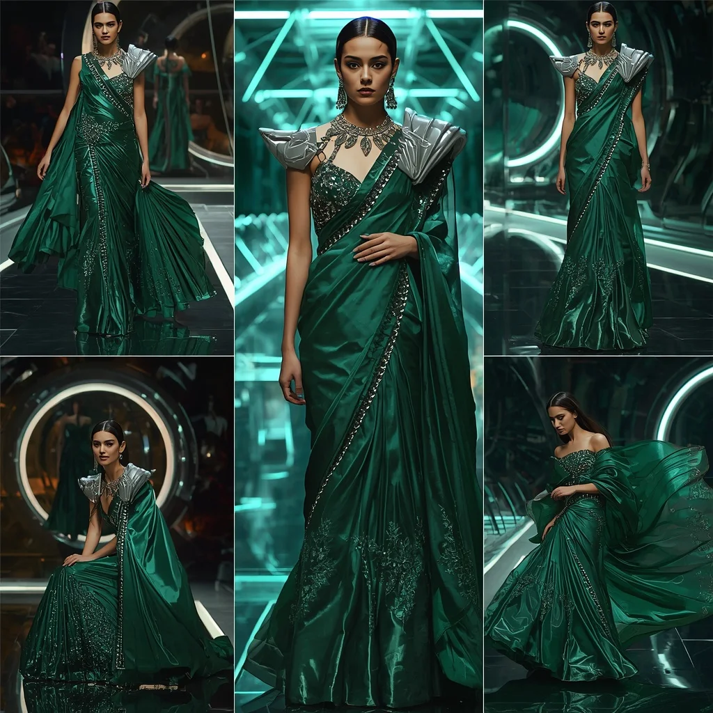 Emerald Galaxy Fantasy Saree with Floating Prism Infinity Bridge | Prompt For Gemini - Girl Prompt
