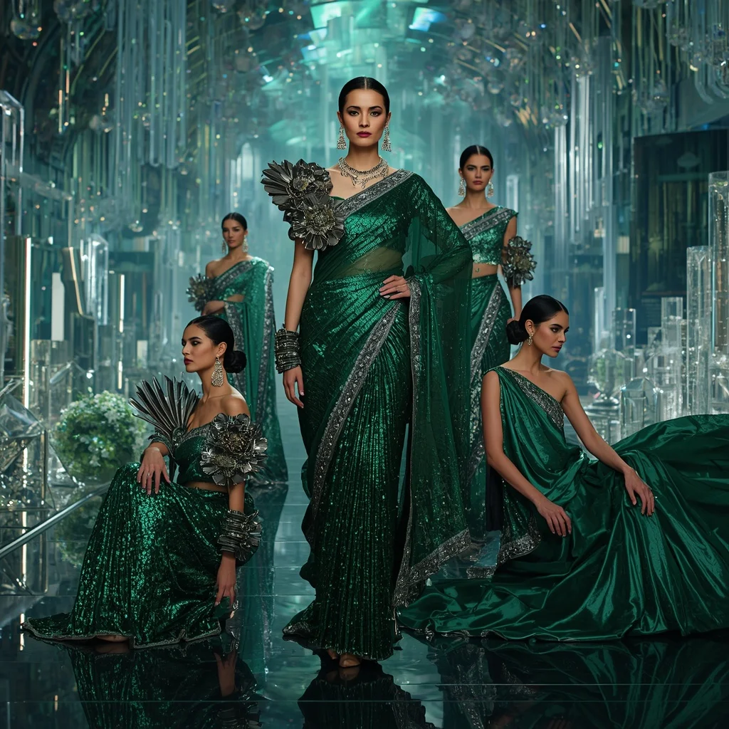 Emerald Galaxy Queen Saree with Floating Prism Infinity Kingdom | Ai Gemini Photo Prompt - Girl Prompt