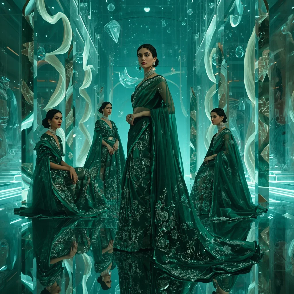 Emerald Galaxy Royale Saree with Floating Prism Infinity Temple Universe | Realistic Ai Prompt - Girl Prompt