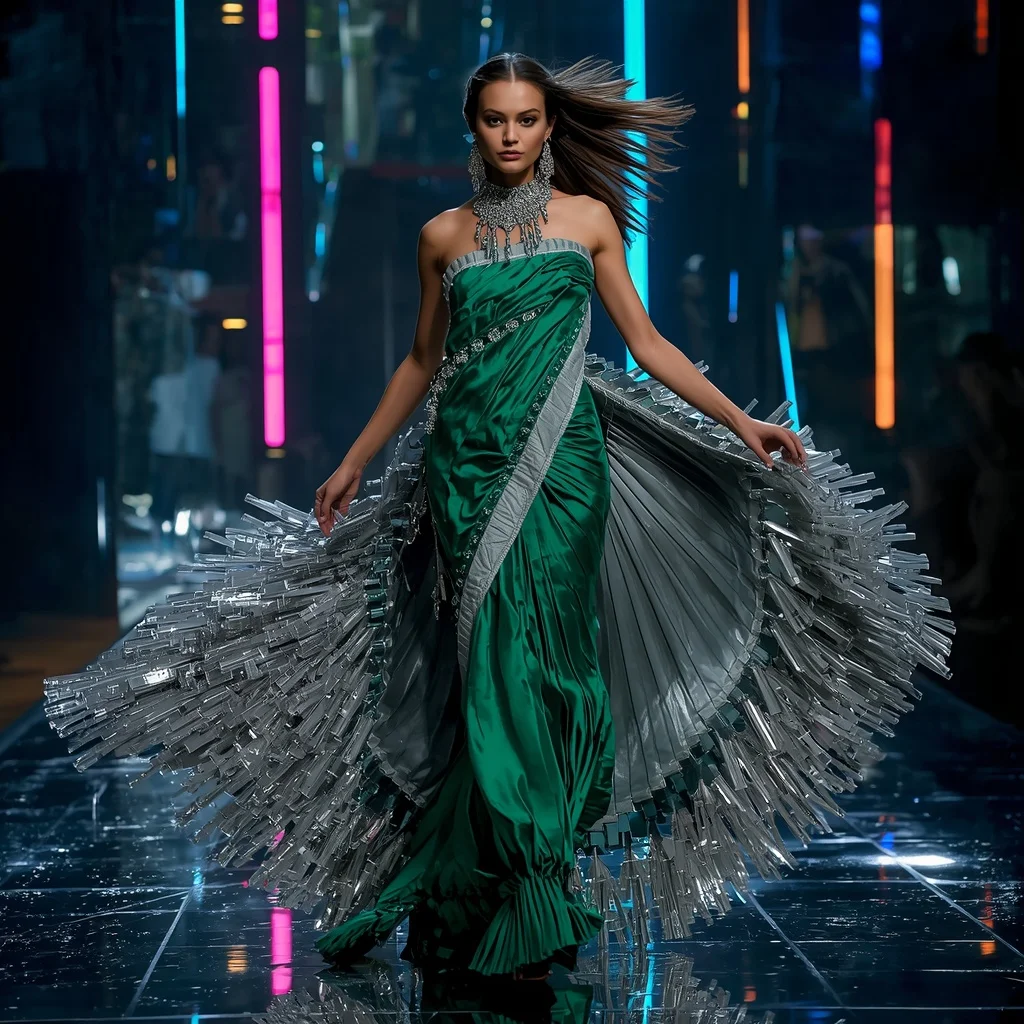 Emerald Nova Fantasy Saree with Floating Prism Reflection Observatory | Lehenga Choli Ai Prompt - Girl Prompt