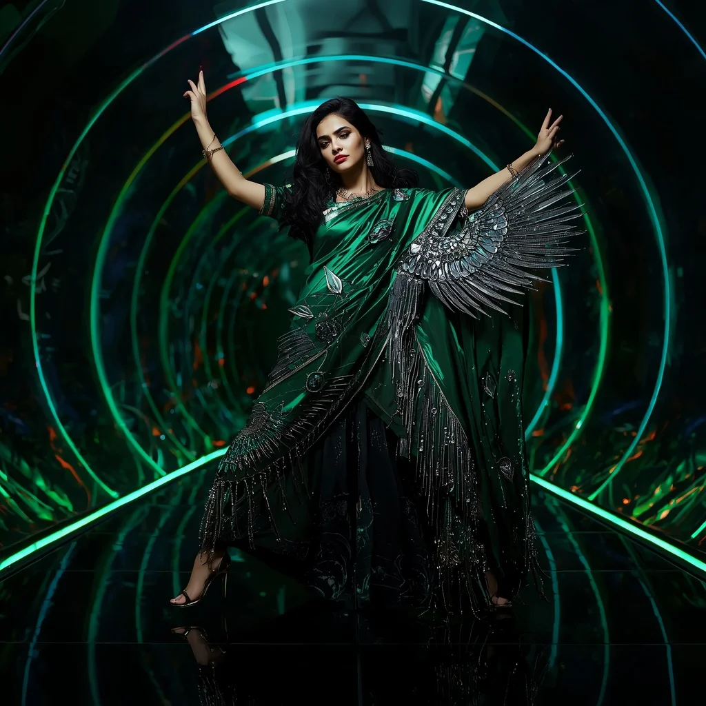 Emerald Phoenix Reflective Saree with Curved LED Infinity Hall | Makeup Model Ai Prompt - Girl Prompt