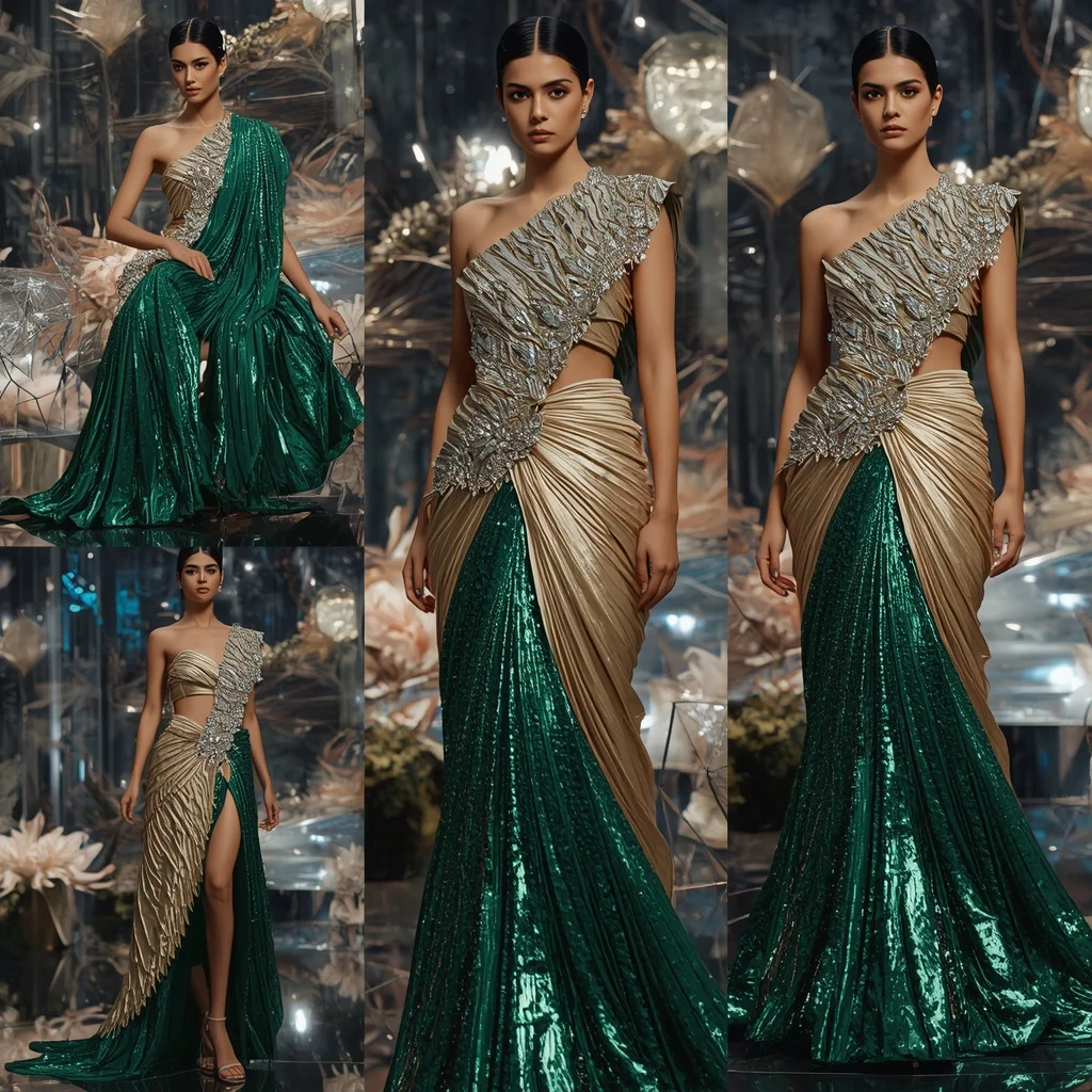 Emerald Pulse Saree with Floating Prism Garden | Gemini Saree Prompt For Woman - Girl Prompt